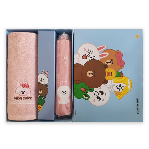 라인프렌즈 브라운 앤 코니 타올 우산 2종세트-핑크우산세트 행사선물 집들이선물 단체주문